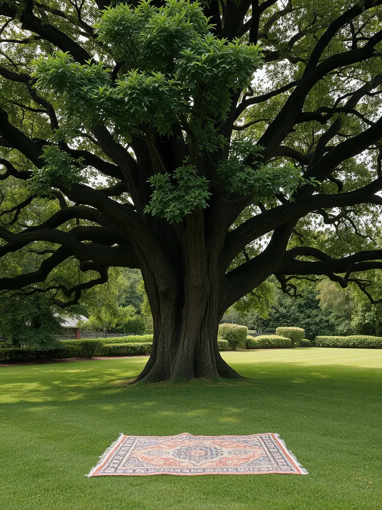 A very large old oak alone on a lawn, its branches sweeping low to the grass and a rug laid in its shade.