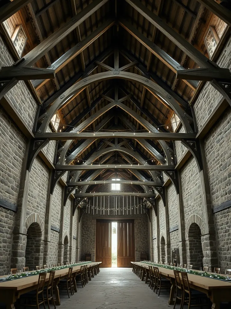 The inside of a stone and timber barn with high roof trusses, long trestle tables and strings of small bulbs across the beams.