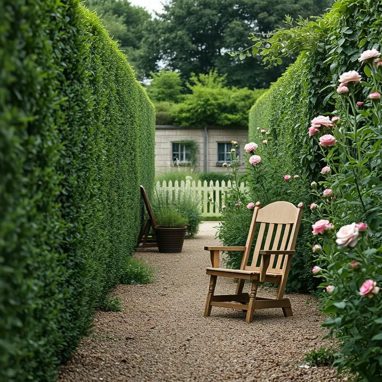 A walled country garden in early summer, box hedging and cow parsley, roses spilling over a gravel path and two wooden chairs.