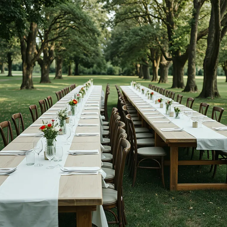 Two long trestle tables laid end to end on the grass under the trees, with linen, mismatched glasses and jars of garden flowers.