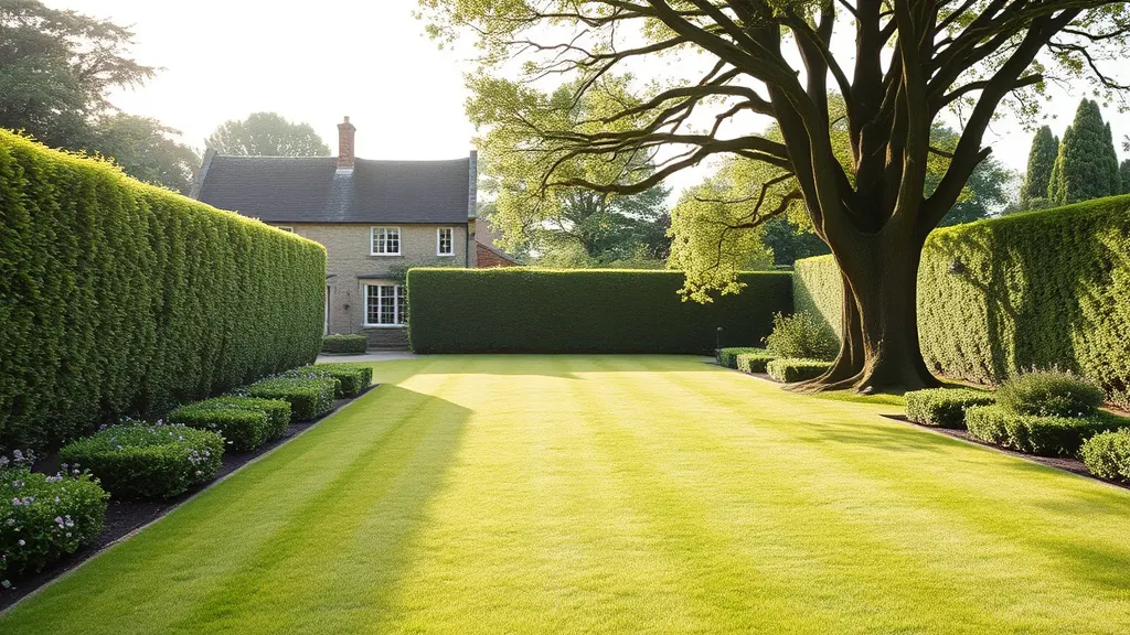 The garden of the old farmhouse in June, a lawn running down to a yew hedge between deep planted borders, a large tree at one end in the late afternoon light.